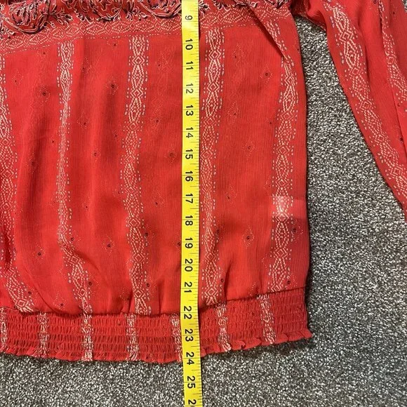 LUCKY BRAND  Women Top BLOUSE Size Large KEYHOLE NECK RED SEMI SHEER Peasant - Picture 7 of 11